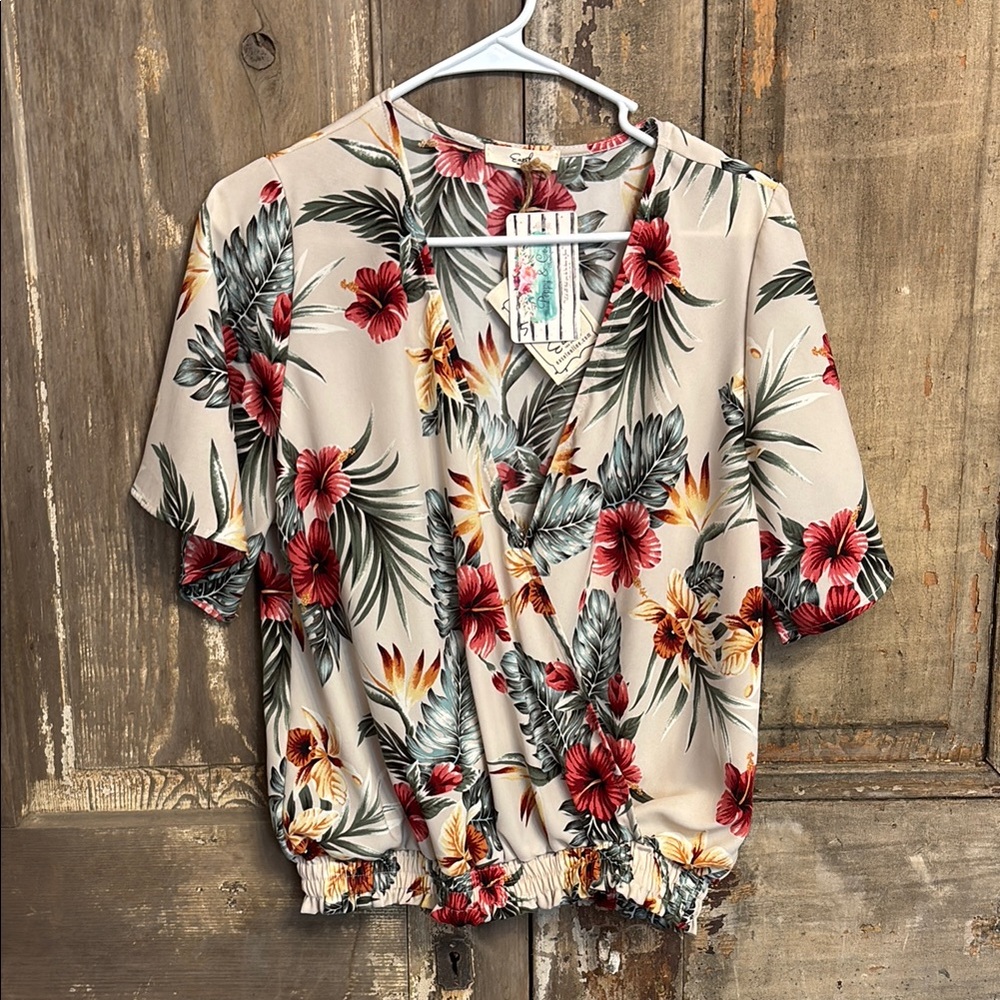 Floral Hawaiian Wrap cropped elastic waist band summer top women v-neck - Picture 2 of 3
